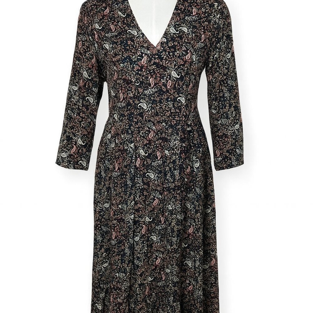 J.Jill Floral Paisley Midi Length Dress Long Sleeved VNeck Ditzy Black Size XS